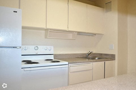 a kitchen with a stove and a sink and a refrigerator